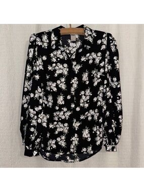 anko 4 Black White Blue Green Floral Blossoms Long Sleeve Button Front Blouse